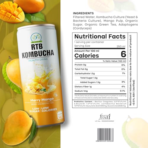 Image of RTB KOMBUCHA Health Mango Drink - Pack of 250ml | Kombucha Tea | Helps in Immune System & Digestive System