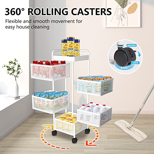 Pinfengjiaju Rotating Kitchen Storage Shelf With Handle, Fruit Vegetable Storage Basket, Rolling Storage Cart, Multifunctional Household Shelf For Bedroom, Bathroom, Living Room(White, 5-Tier Square) #TOP2