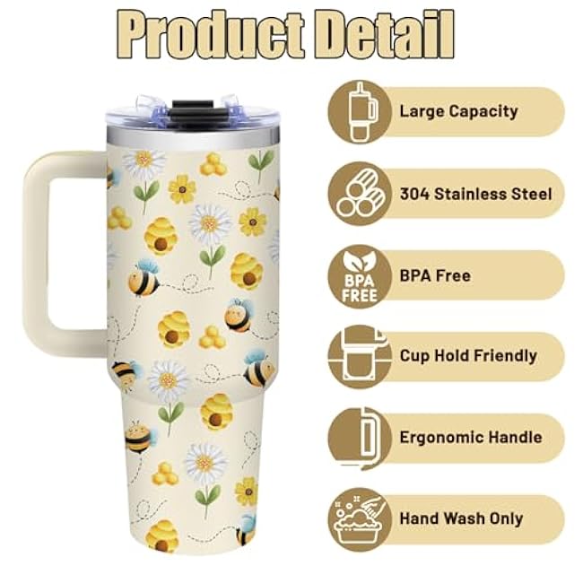 Bees Tumbler with Handle - 40oz Stainless Steel Travel Mug Insulated Coffee Cup, Bee Gifts for Women, Bees Gifts for Bee Lovers Woman Birthday (with Lid and Straw)