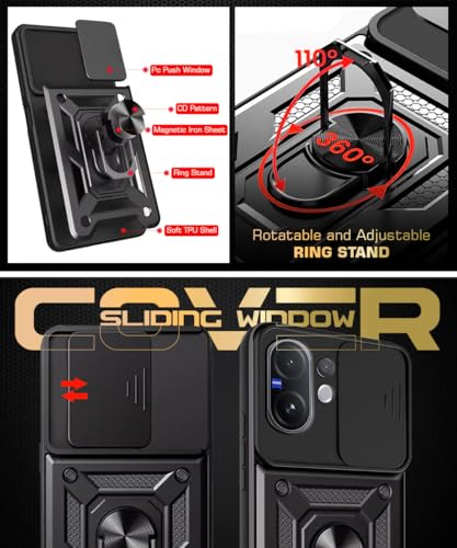 Image of WOW IMAGINE Tough Armor Bumper Mobile Back Case for Vivo V60 5G | V60e 5G | Vivo T4 Pro 5G | Sliding Camera Cover | Shock Proof 360 Protection | Hybrid PC + TPU | Ring Holder with Kickstand - Black