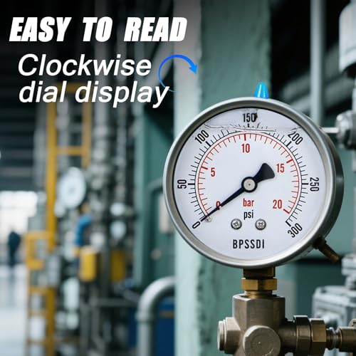 Image of 0-300 Psi Glycerin Liquid Filled Pressure Gauge, 2.5 inch Dial Size, 1 /4 inch NPT Lower Mount, 304 Stainless Steel Case, for Pool Pump Sand Filter Air Compressor, Water Oil Air Pressure Test