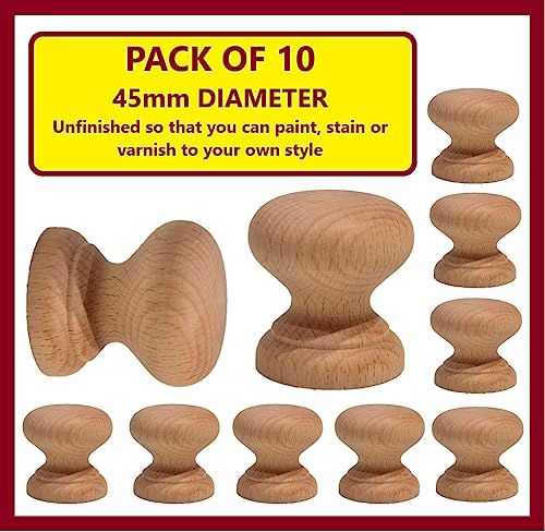 Centurion 45mm Wooden Cabinet Knobs (10 Pack), Solid Unfinished Wood Drawer Knobs for Cabinets Cupboards & Furniture - Image 2