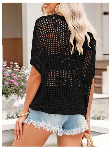 Image of Verdusa Women's Off The Shoulder Knit Top Crochet Summer Sweaters Hollow Out Beach Cover Ups Black X-Large