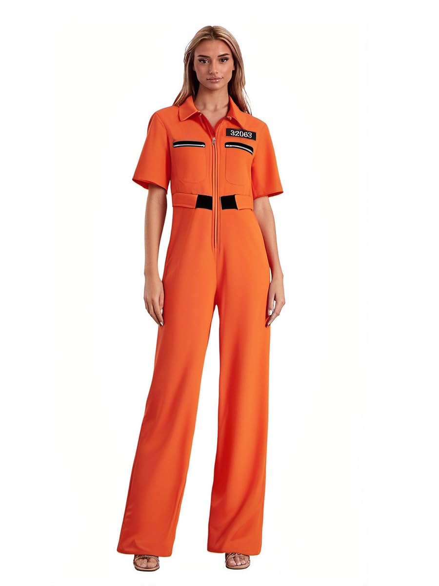 ESSECMBS Womens Halloween Prisoner Costume Number Print Short Sleeve Lapel Neck Zip Up Pants Jumpsuit for Cosplay Dress Up (Orange, S)