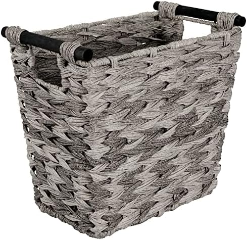 mDesign Small Woven Basket Trash Can Wastebasket - Rectangular Garbage Container Bin with Wood Handles for Bathrooms, Kitchens, Home Offices, Craft, Laundry, Utility Rooms - Gray/Black