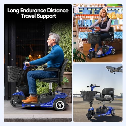 Image of 3 Wheel Mobility Scooters for Adults，Collapsible Electric Powered Wheelchair，Portable Compact Motorized Scooter for Travel，Long Range Power，Battery with Charger，Basket and Cup Holder (Blue)