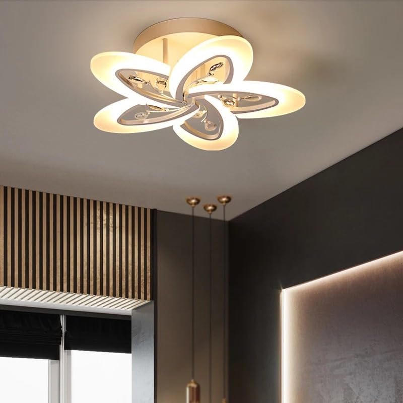 Image of White Crystal LED Chandelier (5 Petal Tricolor) with Remote Control