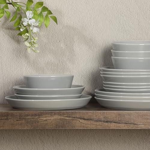 Image of Gibson Home Summer Shades 16 Piece Plates and Bowls Dishes Service for 4 Porcelain Dinnerware Set - Grey
