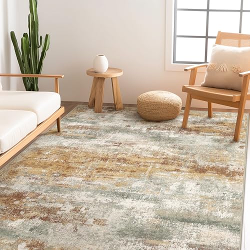 Area Rugs 10x14 for Living Room Bedroom, Modern Abstract Machine Washable Rug, Large Soft Low Pile Floor Cover with Non Slip Backing for Dining Room, Orange Green