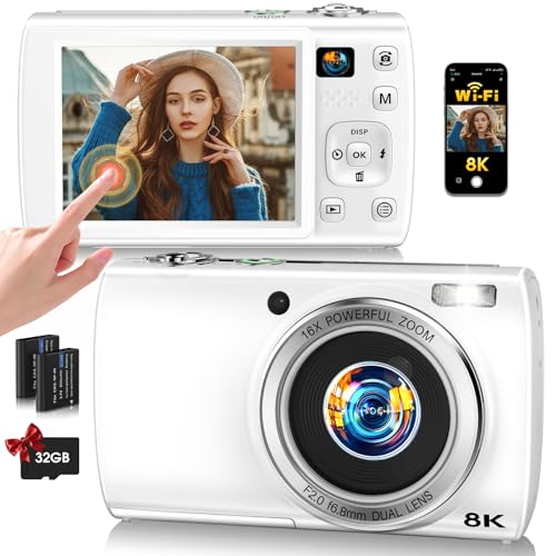 88MP Digital Camera for Photography, 2026 New WiFi 8K Vlog Video Camera for YouTube with Touch Screen, Dual Lens, Autofocus Anti-Shake, 16X Zoom, Small Travel Camera, 32GB TF Card, 2 Batteries, White