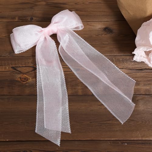 Pinzas para el cabello con lazo de tela rosa claro miniatura 6