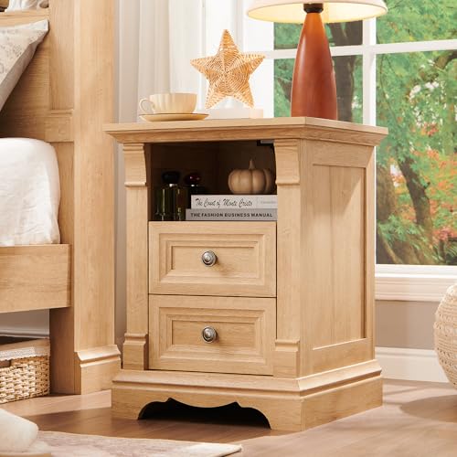 Image of Nightstand Set of 2, 18 inchSide Table with Charging Station, w /Roman Column