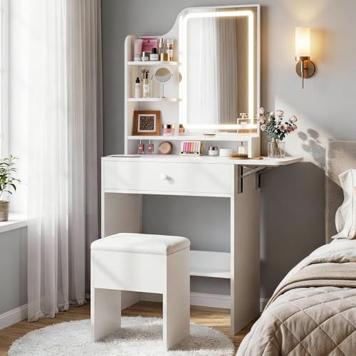 Haewon Small Vanity Desk with Mirror and Lights, Makeup...