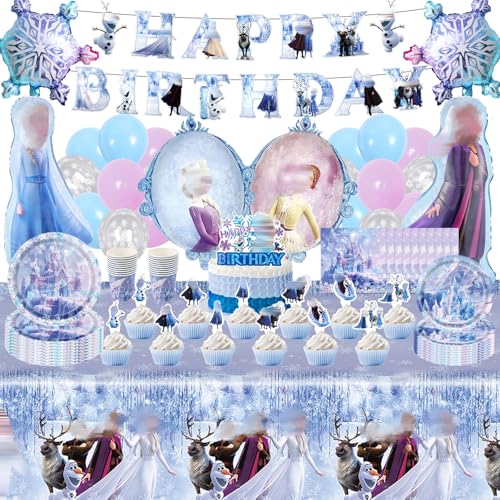 89 Stück Eis und Schnee Geburtstagsfeier Dekorationen Eiskönigin Party Deko Set Partygeschirr Set Happy Birthday Girlande Kuchendekoration Luftballons Tischdecke Pappteller