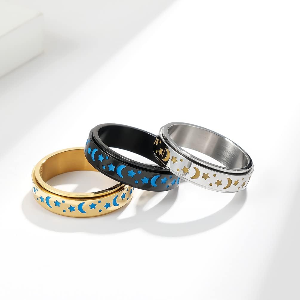 Stainless Steel Spinner Ring Luminous Glow Moon and Star Fidget Stress Relief Anxiety Rings for Women Men Size 4-12 - Image 5