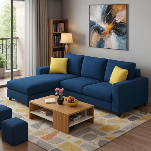 Image of Casaliving Rolando 4 Seater L Shape Sofa Set with 2 Puffy for Living Room (Blue) Left Side Sofa Set for Living Room | Hall| Office Room