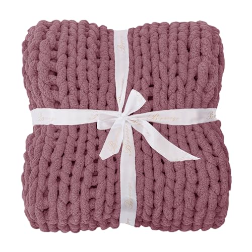 Bigacogo Chunky Knit Throw Blanket for Couch, 40x40 inches, 100% Hand Knitted with Thick Jumbo Chenille Yarn, Cozy Soft Large Rope Knot Cable Crochet Blankets for Sofa Bed Living Room, Burnt Rose