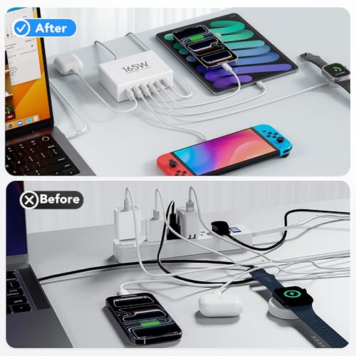 Image of USB C Charger Block,165W GaN 6 Port PD3.0 and QC Wall Charger Power Adapter Plug Cube,Compact Fast Desk Charging Station Hub for iPhone 17 16 15 14 13 Pro Max PD 65W Laptop Charger for MacBook Air Pro