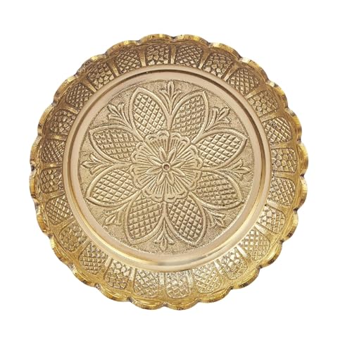 Image of Mkd2 Rise Brass Puja Round Thali /Bhog Thali /Puja Plate for Worship, Flower-Engraved Design (Brass, Gold Colour, 6 Inches)