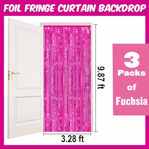 Image of 3 Pack Fuchsia Foil Fringe Curtains Backdrop, 3.28 x 9.8 Ft Metallic Streamers Tinsel Curtains Background for Photo Booth, Birthday, Halloween, Christmas, Thanksgiving, New Year Party Decorations