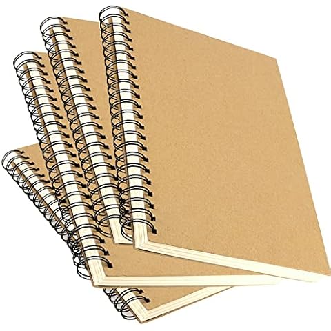 HEIHAK 4 Pack A4 Spiral Bound Hardback Sketchbook, 160gsm Cartridge Paper Blank Kraft Notebooks, Kraft Cover Portrait Sketch Book for Drawing and Sketching, 60 Sheets / 120 Pages Cover
