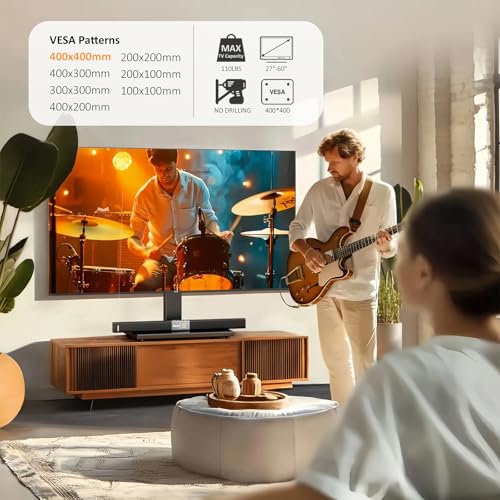 Image of Universal TV Stand - Table Top TV Stand for 27-60 inch LCD LED TVs - 6 Level Height Adjustable TV Base Stand with Tempered Glass Base & Wire Management, VESA 400x400mm
