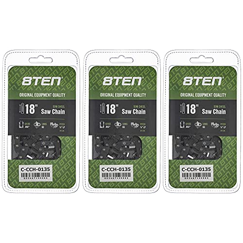 8TEN Semi Chisel Chainsaw Chain 18 Inch .050 3/8 LP 66DL for Echo CS-590 Stihl Poulan 400 (3 Pack)