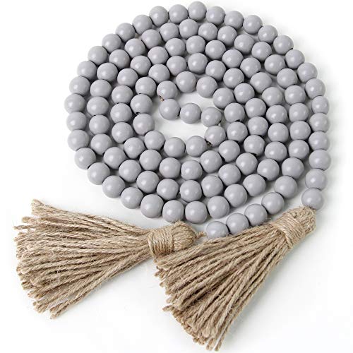 BlueMake 7.2 Feet Christmas Wood Bead Garland Farmhouse Home Decor for Christmas Tree Holiday Decoration (Gray with Tassels)