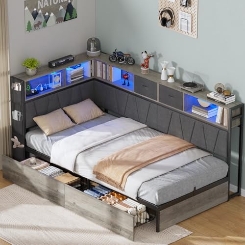 Corner Bed Frame with Storage Bookcase, Twin XL Kids Bed Unit with Charging Station and LED Light, Twin XL Size Platform Beds with Storage and Charging Station, with 2 Underneath Drawers (Grey)