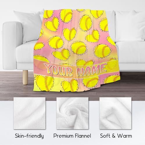 Custom Softball Blanket, Cozy Soft Throw Gifts for Boys, Cool Pink Flannel Throw Blankets for Couch Sofa, 40x50 Inches