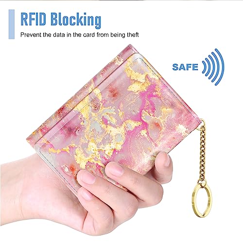Image of Rouidr Womens Wallet, Small Slim RFID Card Wallets for Women, Cute Front Pocket Trifold Leather Card Organizer with 7 Slots & ID Window, Gold Pink Marble