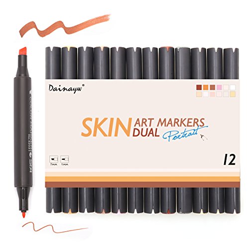 Dainayw Skin Tone Markers, Dual Tip Alcohol Marker Pens,Colorless Blender, Professional Sketching Pens for Drawing, Face, Portrait, Illustration Manga Drawing Comic Books, 12-Pack