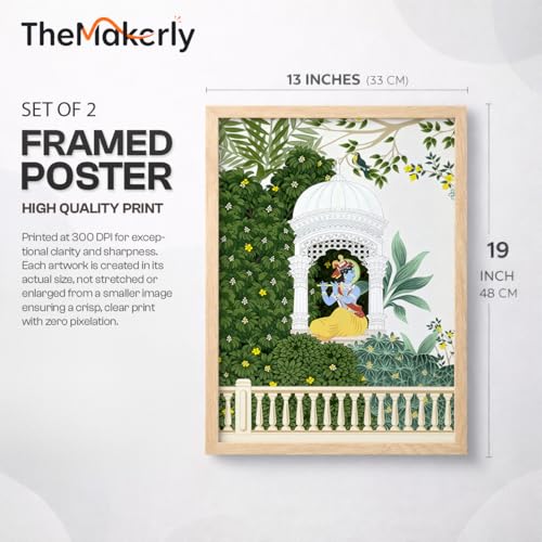 Image of TheMakerly Traditional Indian Wall Painting Set of 2 | Radha Krishna Wall Art Frames | Vintage Religious Wall Decor for Living Room Bedroom Home Temple (KR04, 13x19 inches)
