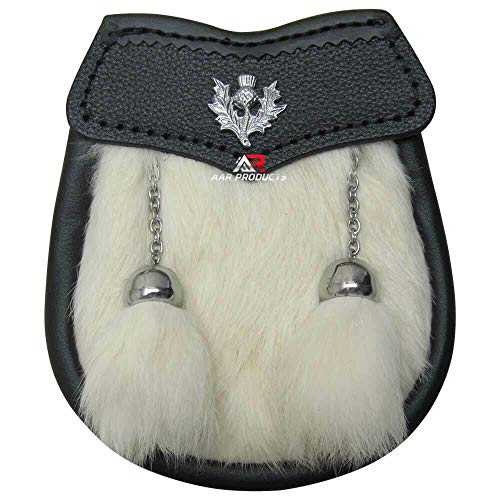 AAR Boys Sporran White Rabbit Fur 2 Tassels Free Leather Belt Chain Multi Design