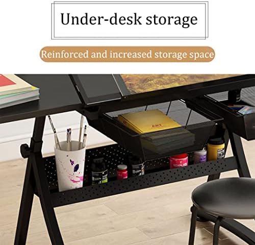Drafting Desk, Glass Drafting Table Desk, Height Adjustable Drafting Table, 0-50°Tilting Drawing Desk, Artist Desk Study Table with 2 Slide Drawers F(