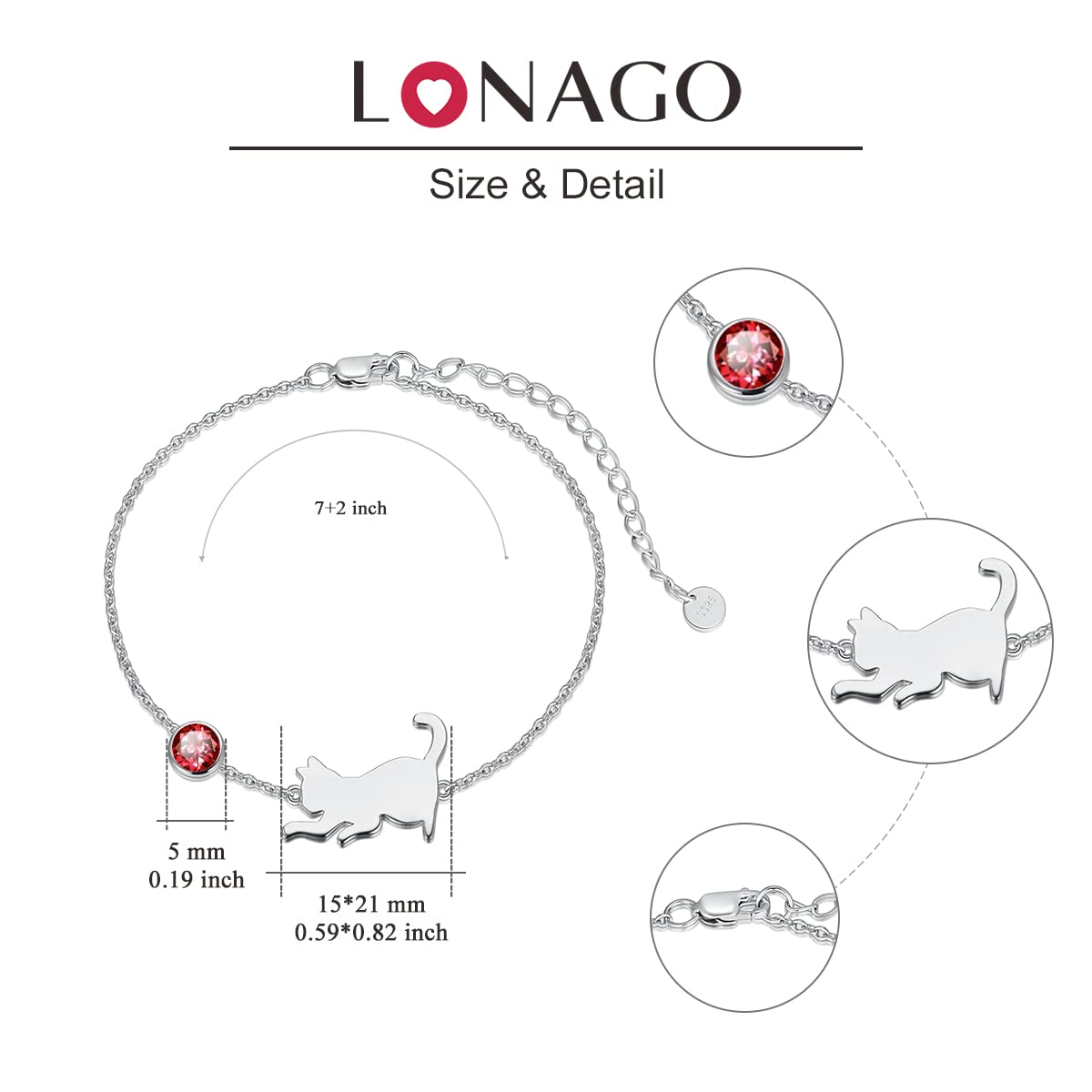 LONAGO Braccialetto di Gatto 925 Sterline D'argento Carino Gatto con Pietra di Luna Braccialetto Gioielli per le Donne