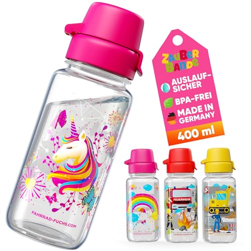 Zauberbande Trinkflasche Kinder auslaufsicher – Einhorn – 400 ml – Kinder Trinkflasche Kohlensäure geeignet, BPA frei aus Tritan, spülmaschinenfest, Easy-Clean – für Kindergarten und Schule