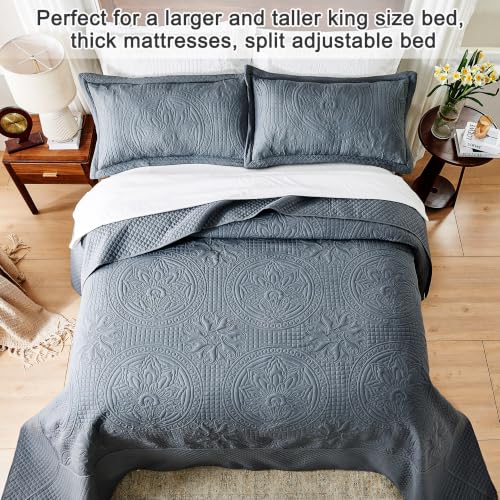 Image of Qucover King Bedspread Medallion Pattern Quilt Bedding Set 3 Pcs Dark Grey