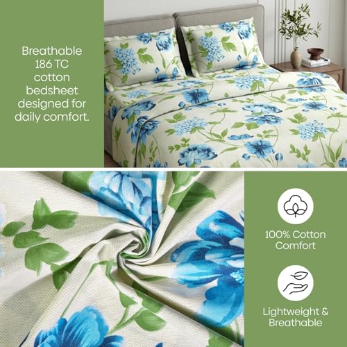 Image of haus & kinder Bed Sheet Double Bed 144 TC Pure Cotton Bedsheet for Double Bed Queen Size 100% Cotton Bedsheet Bedding Set - 1 Bedsheet and 2 Pillow Cover Golden Bloom Trellis