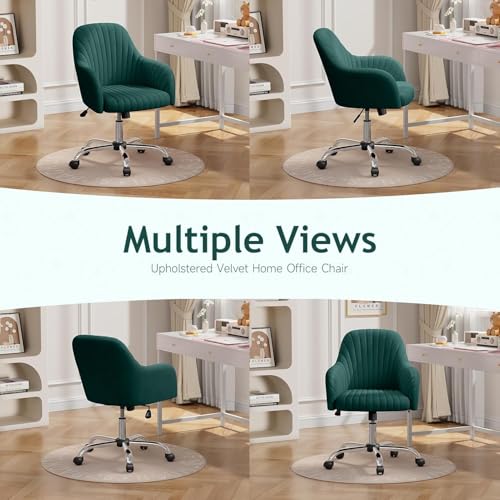 Image of Velvet Desk Chair for Home Office, Adjustable Swivel Task Chair Modern Computer Vanity Chairs with Arm Rest for Bedroom Living Room Make-up Room (Green)