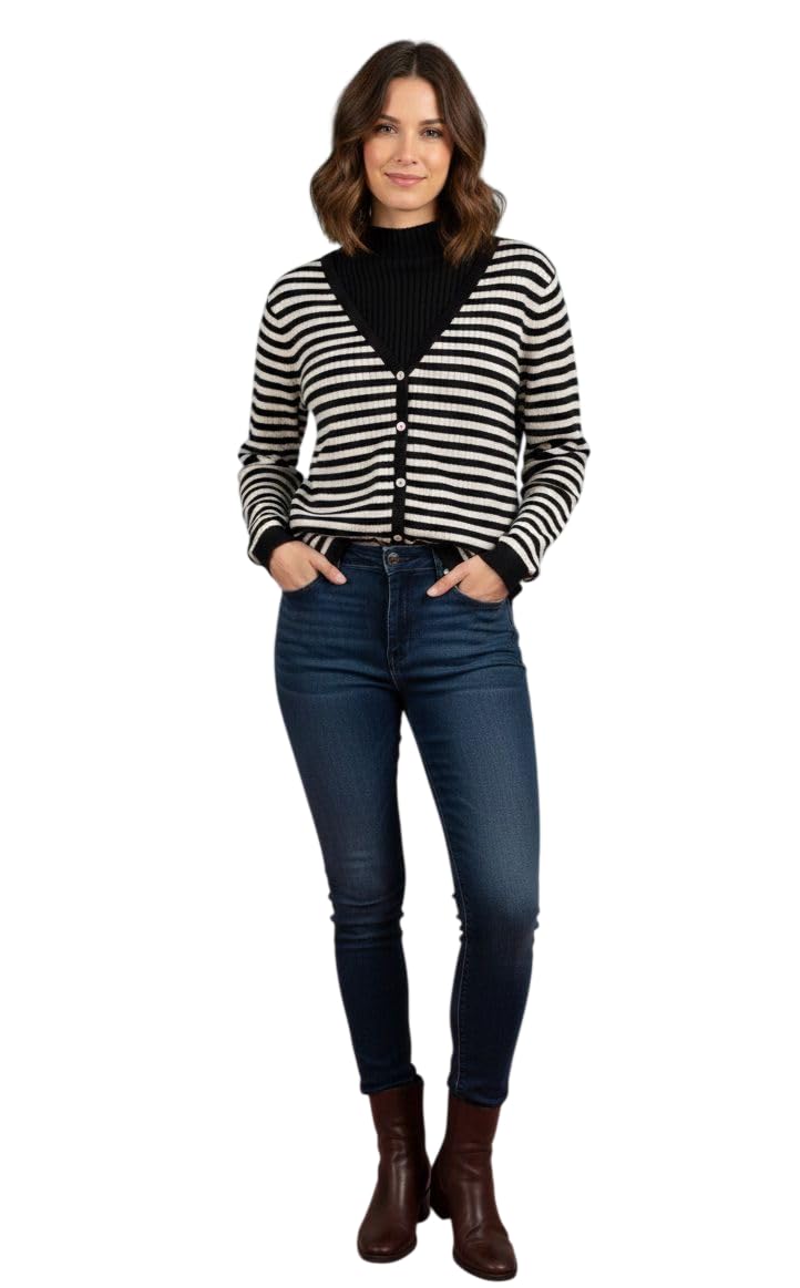 Women Sweater for Winter Woolen Warm Stretch Relax Fit Cardigan Style Top | Sweaters for Women Winter | Black & White-image-23