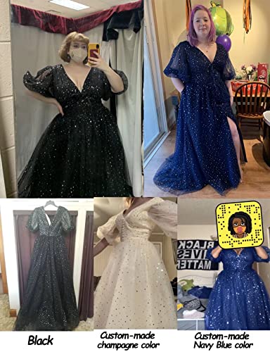 Smileven Women's Sparkle Starry Tulle Prom Dresses Puffy Sleeve Slit Formal Evening Party Gowns2