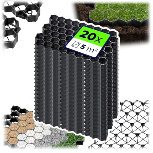 KADAX Dalles Stabilisatrices en Polyéthylène 60 x 40 cm, Stabilisateurs de Gravier, Dalles à Engazonner pour Jardins, Grilles de Gazon (Noir, Lot de 20)
