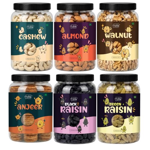 Image of LILA DRY FRUITS Dry Fruits Combo Pack of Almonds, Cashews, Green Raisins, Black Raisins, Anjeer & Walnuts 100 Gms x 6 Mixed Dry Fruits for Healthy Snacking Perfect for Gifting