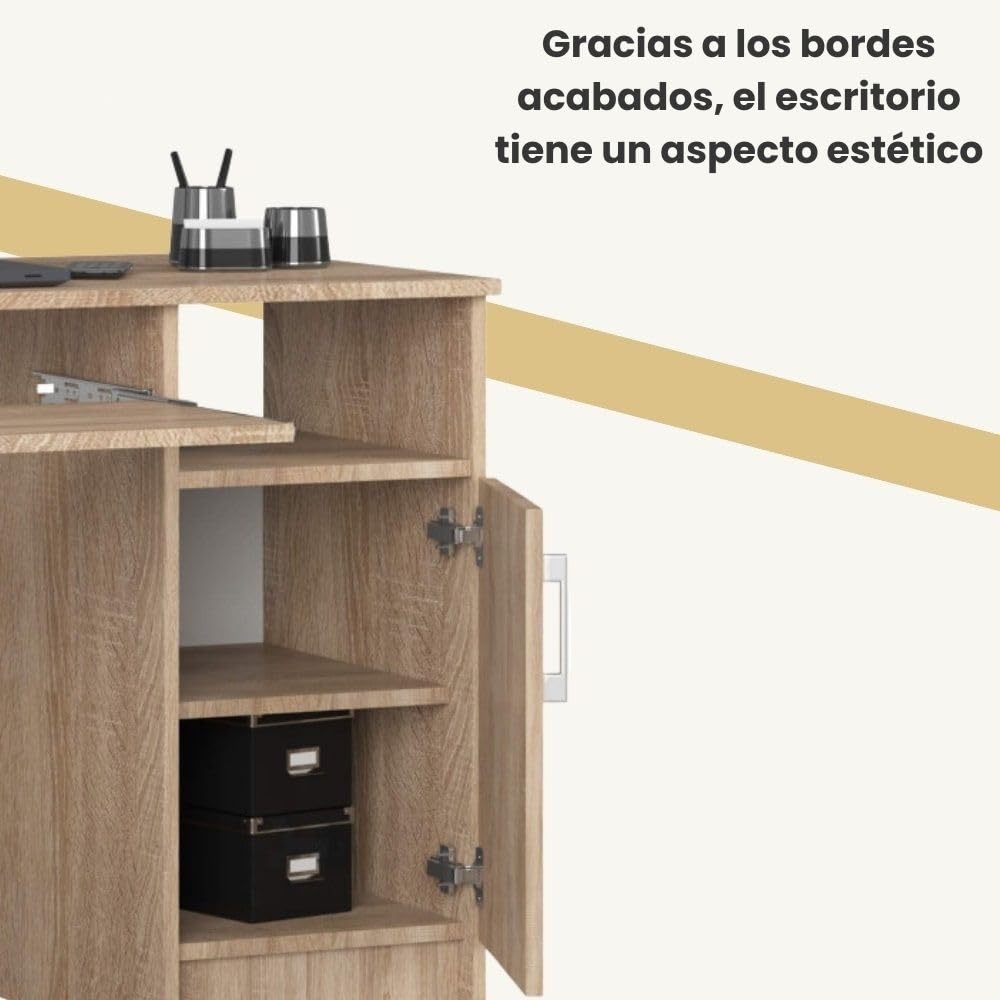 Mesa de ordenador Ana, Mueble Escritorio con 3 cajones, 1 estante con puerta, 2 estantes abiertos, 124 x 74 x 52 cm, 45 kg
