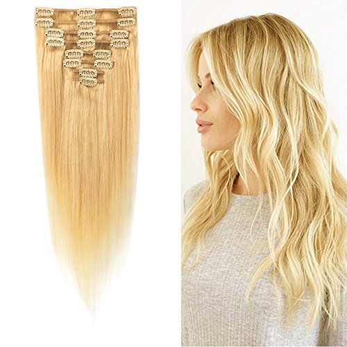 LFLIN Clip In Human Hair Extensions 100% Real Remy Bleach Blonde Full Head Long Soft Silky Straight 8pcs 18clips For Women Beauty.