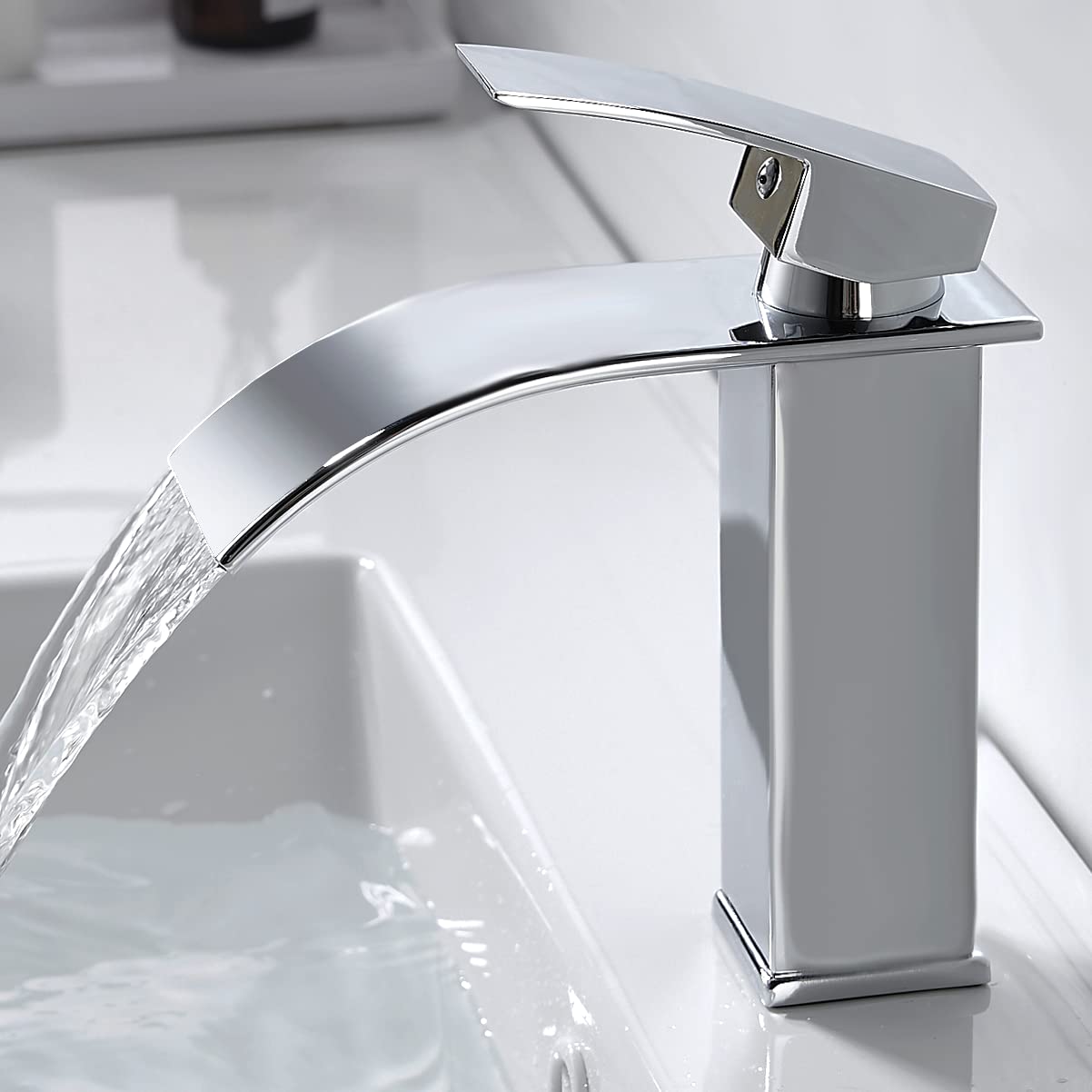 kisimixer Grifo de Lavabo Cascada Moderno, Mezclador Monomando Lavabo de Latón, Grifo de Baño Cascada con Prima Valvula de Ceramica, Agua Fria y Caliente Disponible, Cromado