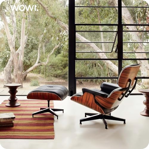 Image of Top Black Grain Leather, Mid Century Chaise Lounge Chair and Ottoman, Modern Chair Classic Design, Palisander Wood, Heavy Duty Base Support for Living Room Office