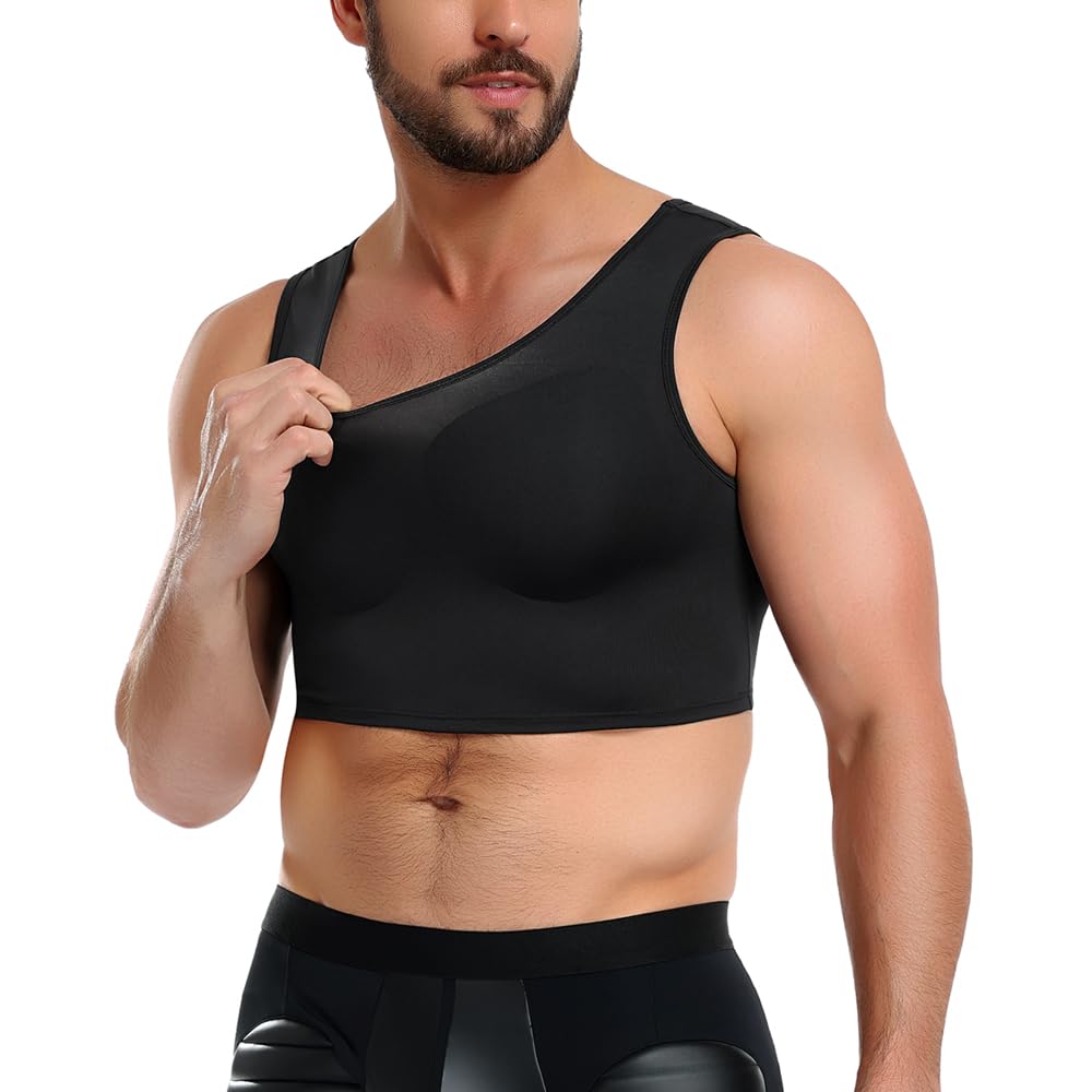 Bslingerie Camicia da uomo imbottita a compressione muscolare con finto potenziatore di petto e spalle, intimo invernale a maniche lunghe, nero, taglie S-XXL