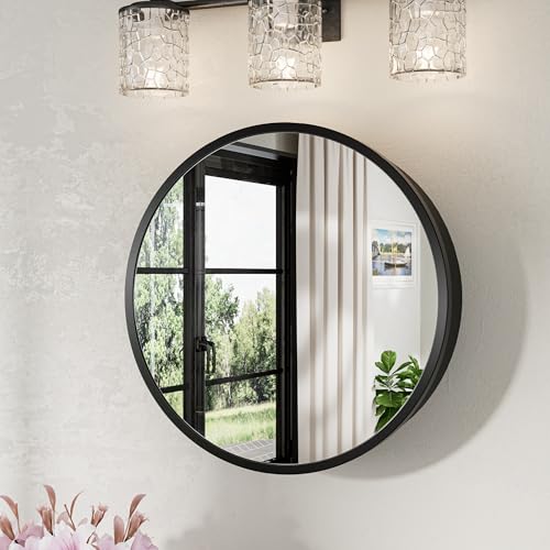 Image of Keonjinn 20 Inch Black Round Medicine Cabinet with Mirror, Rust Resistance